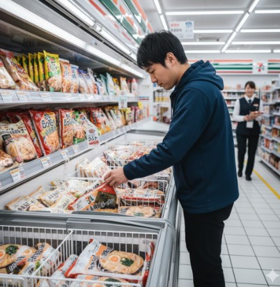 セブンイレブンの冷凍食品コーナーで、棚を眺めながら商品を選んでいる日本人客の様子。