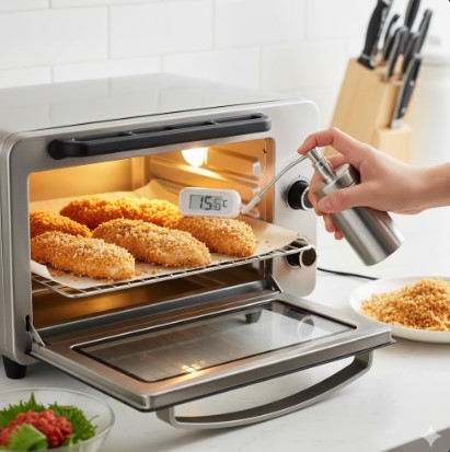 キッチンのトースターで、パン粉をまぶしたささみ揚げが焼かれている。女性の手がオイルスプレーで油を吹きかけ、温度計が表示されている。