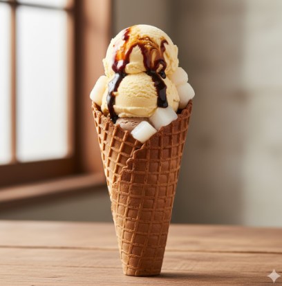 販売終了した「セブンプレミアム ワッフルコーン 黒みつきなこもち」をイメージした、和風フレーバーのワッフルコーンアイス。