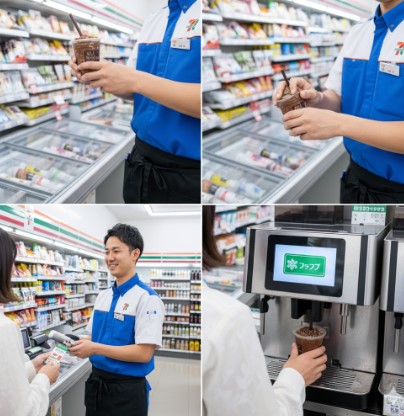 セブンイレブンでフラッペを購入する一連の流れを示す4分割の画像。上段左ではフラッペを冷凍ケースから取り出し、上段右ではカップを揉みほぐしている。下段左ではレジで会計を済ませ、下段右ではコーヒーマシンでフラッペを抽出している様子が描かれている。