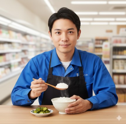 白いご飯の入ったお茶碗と、きゅうりの漬物(東海漬物の製品をイメージさせる)の小皿が並んだ、信頼感のある日本の食卓風景。