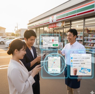 コンビニ店長と客が会話しており、客のスマートフォンのGoogleマップに「距離を測定」機能で表示された400mの円とセブンイレブンのピンが見えている様子。