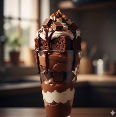 チョコムースやガトーショコラ、ホイップクリームなどが何層にも重なった、圧倒的なボリュームとインパクトを持つ伝説のチョコパフェのクローズアップ写真。贅沢な「シェアスイーツ」の例。