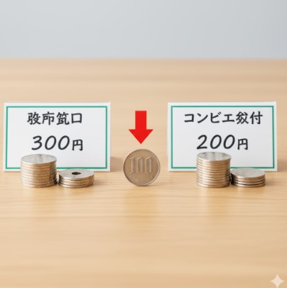 役所窓口の手数料（300円）とコンビニ交付の手数料（200円）を比較するコインの視覚化。