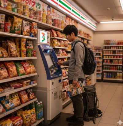 明るいコンビニの店内で、壁に設置されたATMを操作する日本人旅行客の男性。