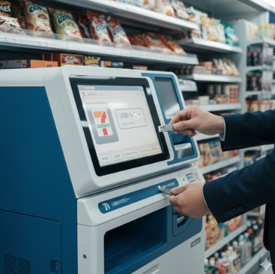 セブンイレブンのマルチコピー機の操作パネルにあるUSBポートに、USBメモリを差し込んでいる手元のアップ。