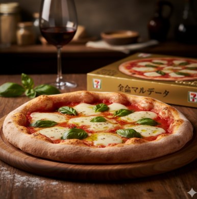 木のプレートに乗った焼き立ての金のマルゲリータピザ。バジルとチーズが鮮やかにトッピングされ、背景にはワイングラスが見える。