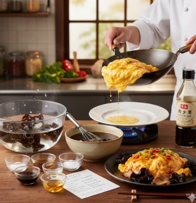 炒めすぎを防ぐため、中華鍋から半熟の状態で一度皿に取り出された、大きな塊のふわふわ卵のクローズアップ。