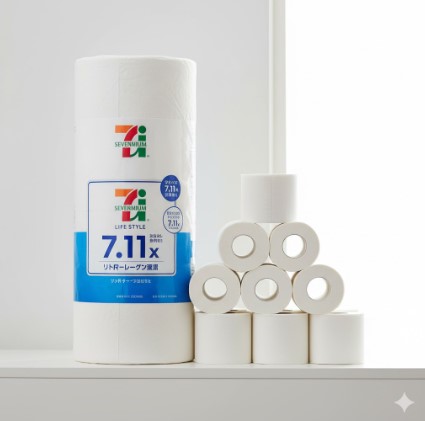 1個の非常に大きな芯なしトイレットペーパーと、その横に積み上げられた7個の標準的なトイレットペーパーが棚に置かれ、体積と利便性を比較している。