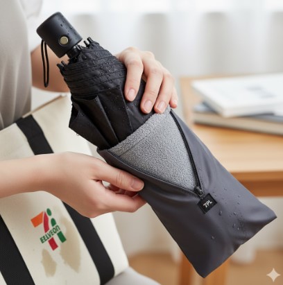 セブンイレブンの吸水性傘袋に濡れた折りたたみ傘を収納し、カバンに入れようとしているアジア人女性の手元。傘袋が水分を吸い取っている様子。