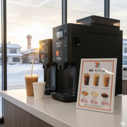 セブンイレブンのカウンターに置かれた紅茶マシンと、ホット・アイスミルクティーの価格とサイズが書かれたPOP。窓の外には雪景色が広がる。
