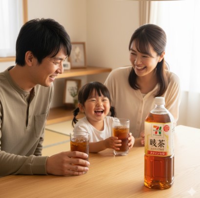 - 食卓で日本の親子が麦茶を飲んでいる、安心感のある日常風景