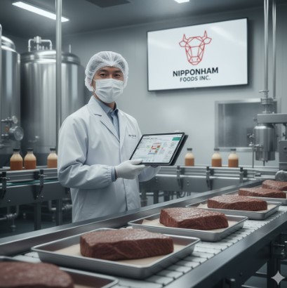 食品工場のクリーンルームで、白衣を着てマスクとヘアネットを着用した日本人男性の技術者が、生産ラインに並べられた牛肉の塊を背景に、タブレット端末で品質管理データを示している。壁にはNipponham Foods Inc.のロゴが表示されている。