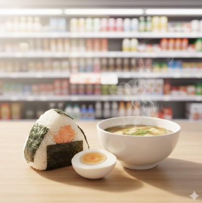 予算400円で実現可能な、おにぎり、ゆで卵、カップ味噌汁の3アイテム構成のバランスの取れた朝食セット。