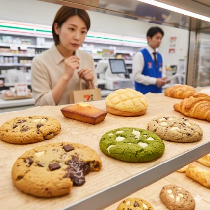 セブンイレブンの店内で、様々な種類の焼きたてクッキーやパンが並ぶショーケースを前に、どの商品にするか迷っている日本人女性客。レジには店員がいる。