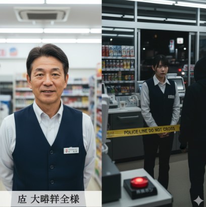 亡くなったコンビニ店員を悼む店長と、深夜のコンビニで強盗と対峙する店員の姿を左右に配置した画像。