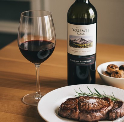 赤ワインのグラスと相性抜群の肉料理が並んだ、落ち着いた雰囲気のディナーテーブル