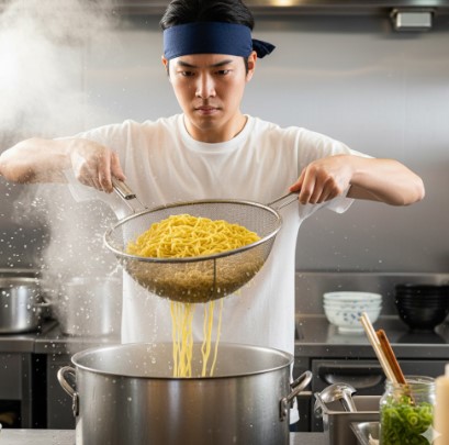 厨房で、ねじり鉢巻をした男性が、湯気の立つ大きな鍋から麺をザルにあげている。麺から滴る水が勢いよく飛び散っている。