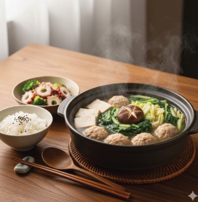 湯気が立つ鍋料理が木製のテーブルに置かれ、温かい雰囲気を出している。鶏団子、豆腐、白菜、しいたけなどの具材が見え、温かいご飯とたことブロッコリーのサラダが添えられている。