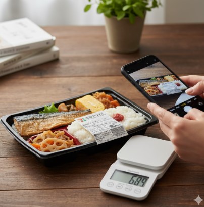 木のテーブルの上で、セブンイレブンの幕の内弁当の栄養成分表示をスマートフォンで撮影し、横にあるデジタルスケールで重さを計量している日本の手元。