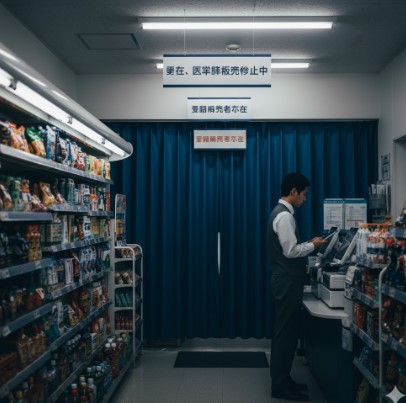 深夜のコンビニで、登録販売者の不在によりカーテンが引かれている医薬品コーナーの画像。