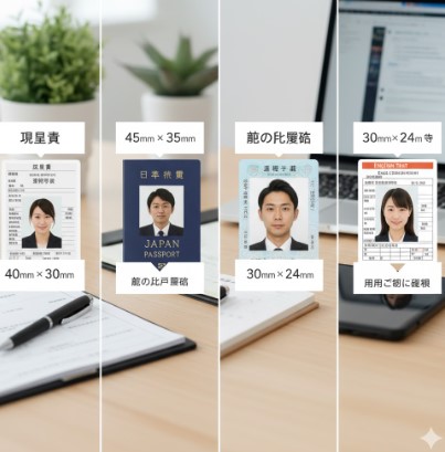 履歴書、パスポート、運転免許証、資格試験の証明写真サイズの違いを示す4つの異なる書類と写真の比較
