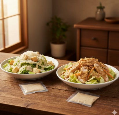 木製のテーブルの上に、セブンイレブンの小袋ドレッシング2つ(シーザーと焙煎ごま)が置かれ、それぞれのドレッシングを使ったシーザーサラダとごまドレッシングのチキンサラダが並んでいる。