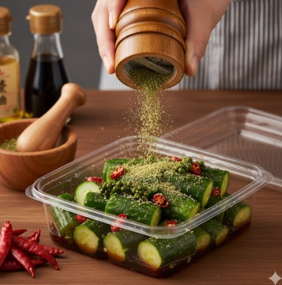 木製ミルで「ピリ辛きゅうり」に粉山椒を振りかける手のアップ。料理の仕上げをしている瞬間。