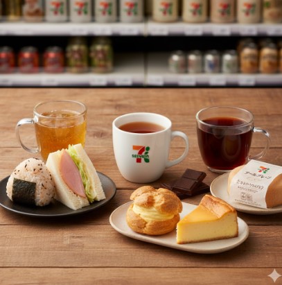 ダージリン、アールグレイ、アッサムの3種類の紅茶が、それぞれ魅力的なカップに入れられ、セブンイレブンのスイーツ（シュークリーム、おにぎり、チーズケーキなど）と共に美しく配置されている。