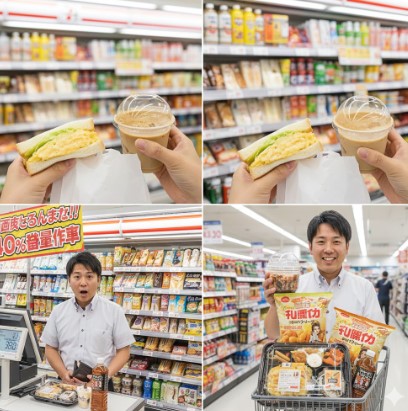 セブンイレブンの「ハリボテ」サンドイッチとカフェラテの断面。左側のサンドイッチは断面部分に具材が厚く、右側のパンを開くと具材が少ない。手にはコンビニエンスストアの店員と商品が写っている。