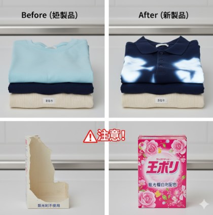 セブンイレブンの粉末洗濯洗剤のリニューアルによる変化を示す比較画像。上段は旧製品で洗った衣類(淡い水色、紺色、生成り)と新製品で洗ったタイダイ柄の白いTシャツの比較、下段はスプーンが付属していた旧製品の空箱と、スプーンが付属しない新製品のパッケージ(注意書き付き)をそれぞれ示している。