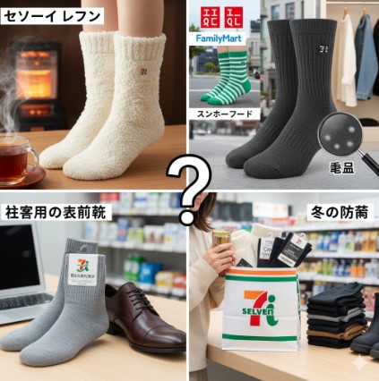 セブンイレブンとユニクロのロゴが並び、それぞれの機能性靴下(まるでこたつソックスとヒートテックソックス)を比較しているようなイメージ。商品の特徴が視覚的に伝わるデザイン。