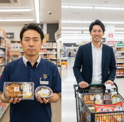 左半分では、コンビニ店長がセブンイレブンのお弁当とデザートを持ち、真剣な表情でカメラを見ている。右半分では、ビジネススーツを着た笑顔の男性がスーパーマーケットのショッピングカートを押し、中には食品がたくさん入っている。