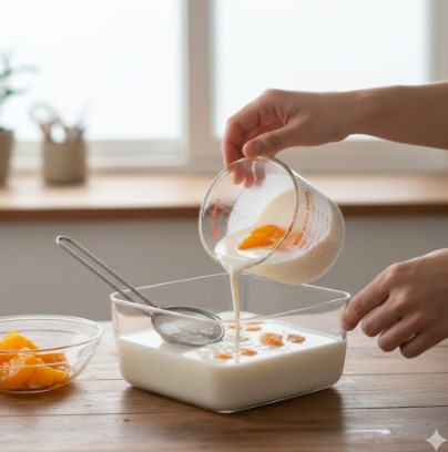 木製のテーブルの上で、女性が温められた牛乳とみかんを、透明なガラス製の型に注ぎ込んでいる。みかんはあらかじめほぐされて用意されており、型の中にはすでに牛乳寒天の液が少し入っている。