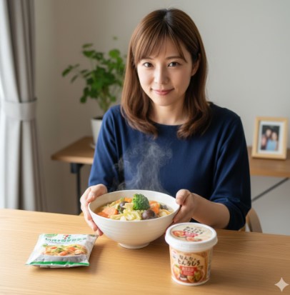 自宅のダイニングテーブルで、温かい野菜スープを両手で持ちカメラに微笑む日本人女性。手前にはコンビニのフリーズドライ味噌汁がある。