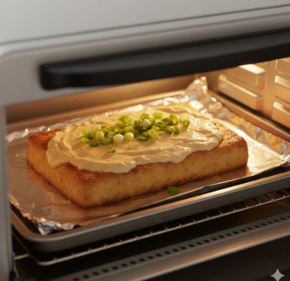 オーブントースターの中で、アルミホイルに乗せられた厚揚げに味噌マヨソースと刻みネギがたっぷり塗られ、美味しそうな焦げ目がつくまで焼かれている。