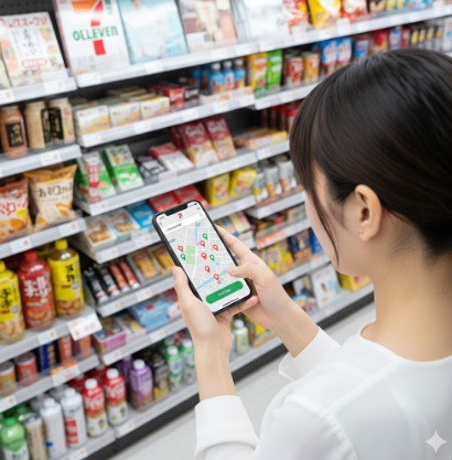 日本人女性がセブンイレブンアプリを使って、近くの店舗の在庫状況をスマートフォンで確認している様子。