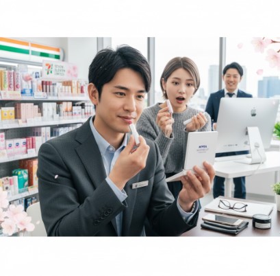 オフィスでパラドゥのエッセンスルージュSを塗るアジア人ビジネスパーソンの男性と、驚いた様子の同僚たち。