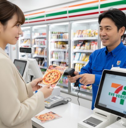 セブンイレブンのレジで、日本人女性客が「お店で焼いたピザ」の注文カードを提示し、日本人男性店員がバーコードをスキャンしている。