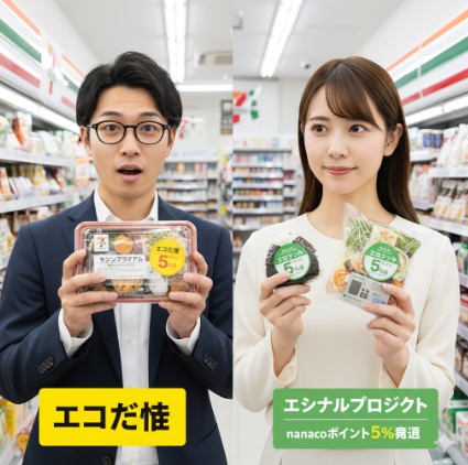 セブンイレブンの割引制度「エコだ値」(黄色のシール)と「エシカルプロジェクト」(緑色のシール)の比較。