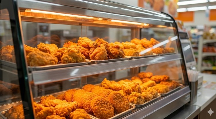 コンビニのレジ横にあるホットスナックケースに並べられた揚げたてのフライドフード
