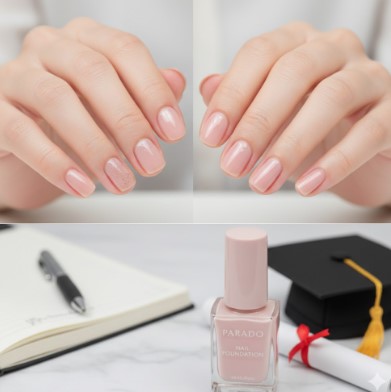 2分割された画像の上部には、ネイルファンデーションを塗る前（左）と塗った後（右）の女性の爪が比較して表示されており、塗った後の爪は自然な血色感とツヤがある。下部には、パラドゥのネイルファンデーションボトルと、卒業証書やペンが置かれた清潔感のある机が写っている。