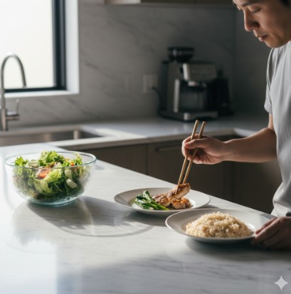 明るいキッチンのカウンターで、若い日本人男性が箸を使って豆腐バーを皿に盛り付け、横には玄米ご飯とサラダが置かれている。
