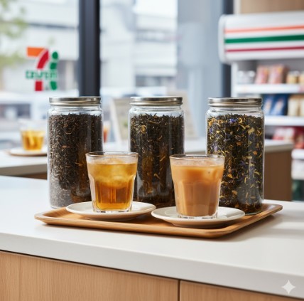 コンビニのカウンターに置かれたトレイの上に、3種類の茶葉が入ったガラス瓶と、淹れたてのアイスティー、アイスミルクティーが並べられている。