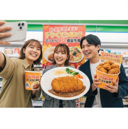 ファミリーマートの「ざっくり40%増量作戦」キャンペーン商品を持って、笑顔でセルフィーを撮る日本人若者たち