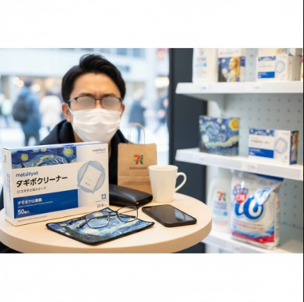 マスク着用時にメガネが真っ白に曇ってしまい、視界が遮られている様子