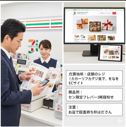 日本人男性がセブンイレブンのレジで店員とギフトカタログを見ている。モニターとタブレットにはセブンイレブンギフトのECサイトが表示され、詰め合わせの購入方法を説明する画像。