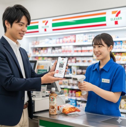 セブンイレブンアプリと連携したPayPayで、ワンストップ決済をスマートに行っている様子。