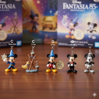 一番くじディズニーファンタジア85周年記念のC賞とD賞ミニフィギュアチャームが木製のテーブルに並べられている。C賞は魔法使いの弟子ミッキーとほうき、D賞はおしゃれなタキシードと蒸気船ウィリー姿のミッキーがラインナップされている。