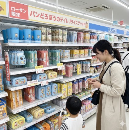 ローソン店内で、日本人親子が「パンどろぼうのデイリーライフグッズ」と書かれたポップのある棚で商品を見ている。ランチボックスやコップなどが並んでいる。